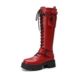 Women's Leather Red Combat Platform Knee High Lace Up Boots Motorcycle Boots